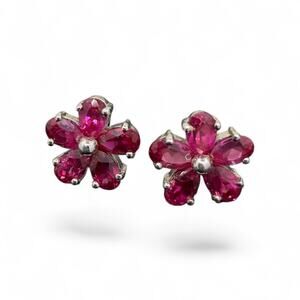 Created Ruby Flower Stud Earrings 925 Sterling Silver July Birthstone Daisy